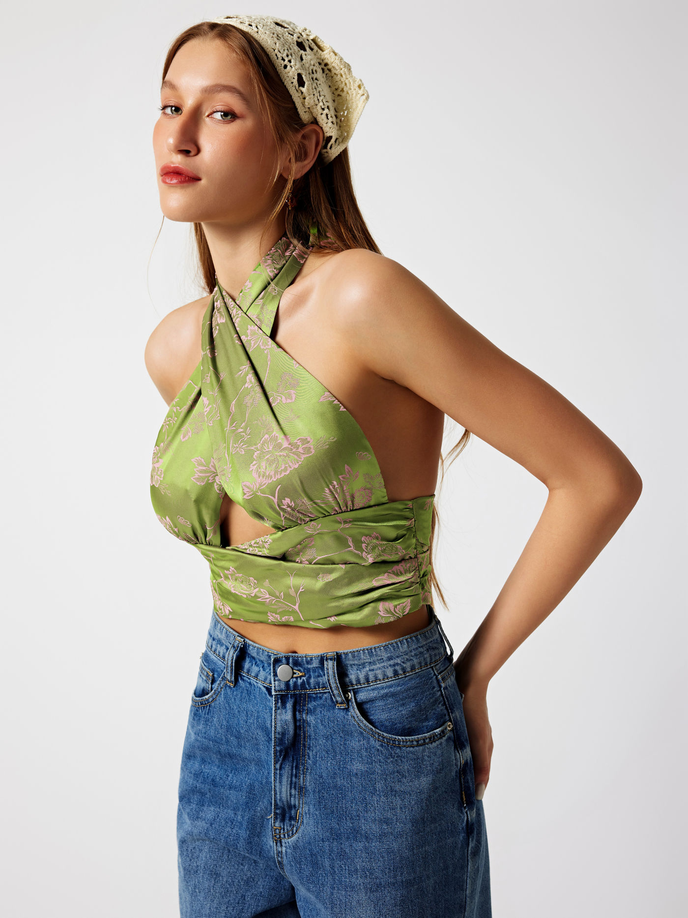 Floral Criss Cross Halter Crop Top
