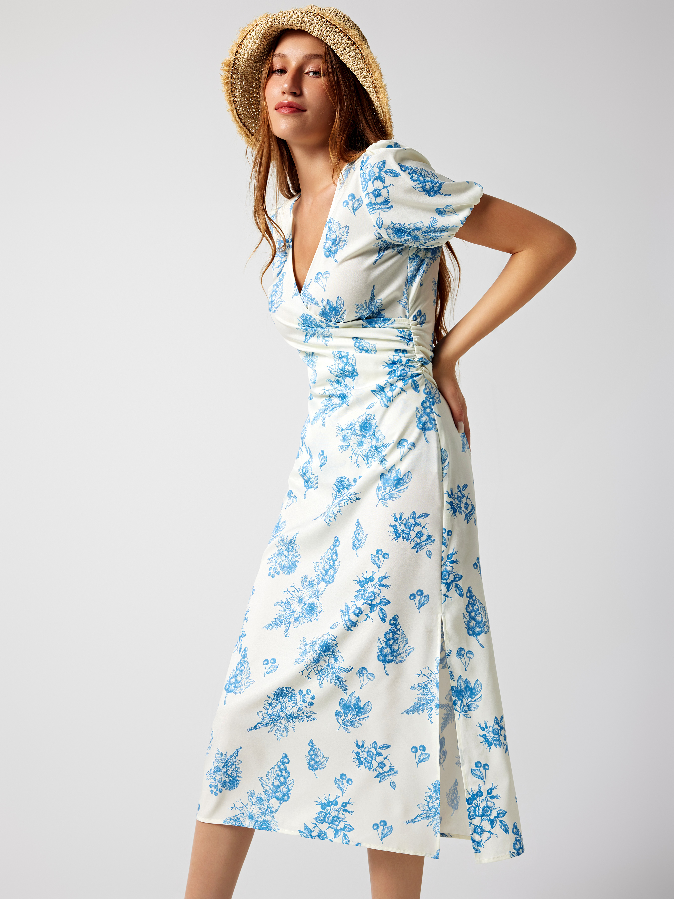 Woven Floral Split V-neck Midi Dress For Daily Casual Date Vacation