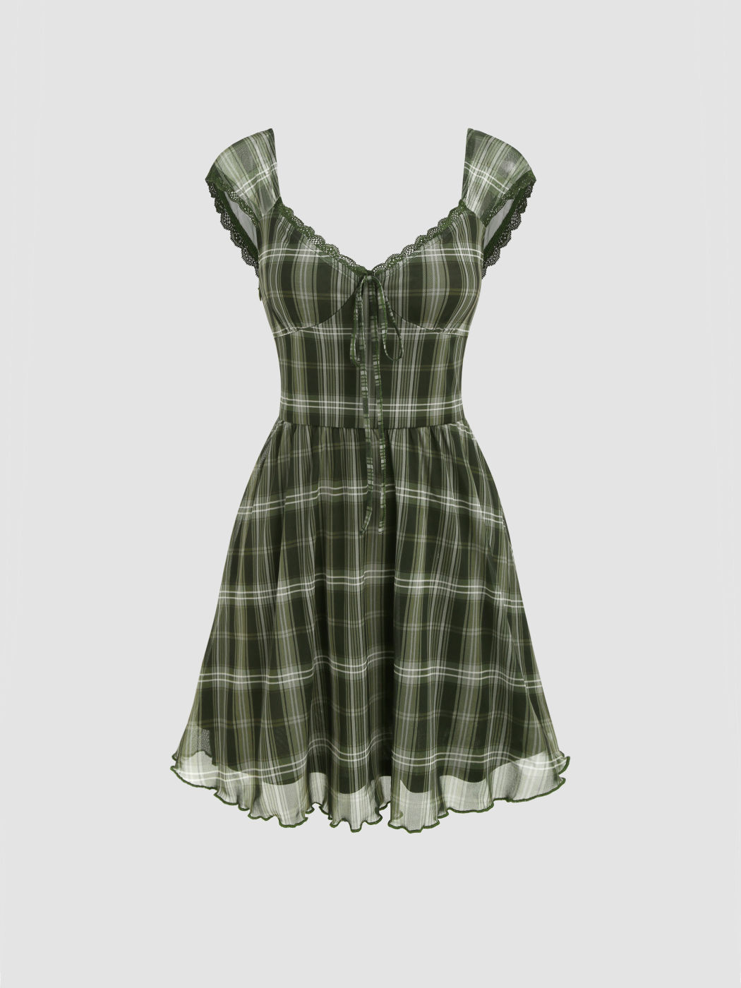 Check V-neck Knotted Lettuce Trim Mini Dress