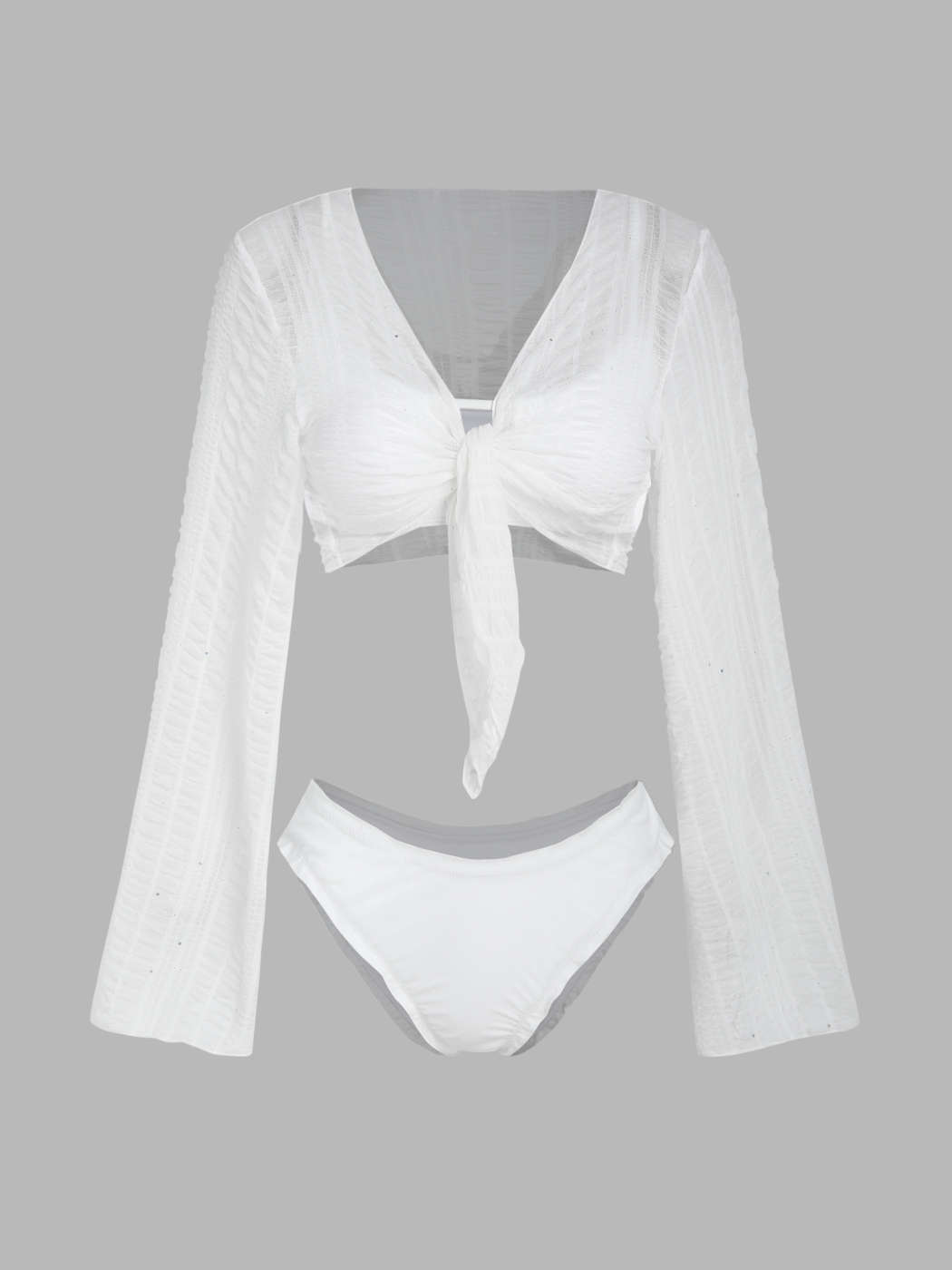 Mesh Knit Fabric Cut Out Bikini Swimsuit With Long Sleeve Cover Up