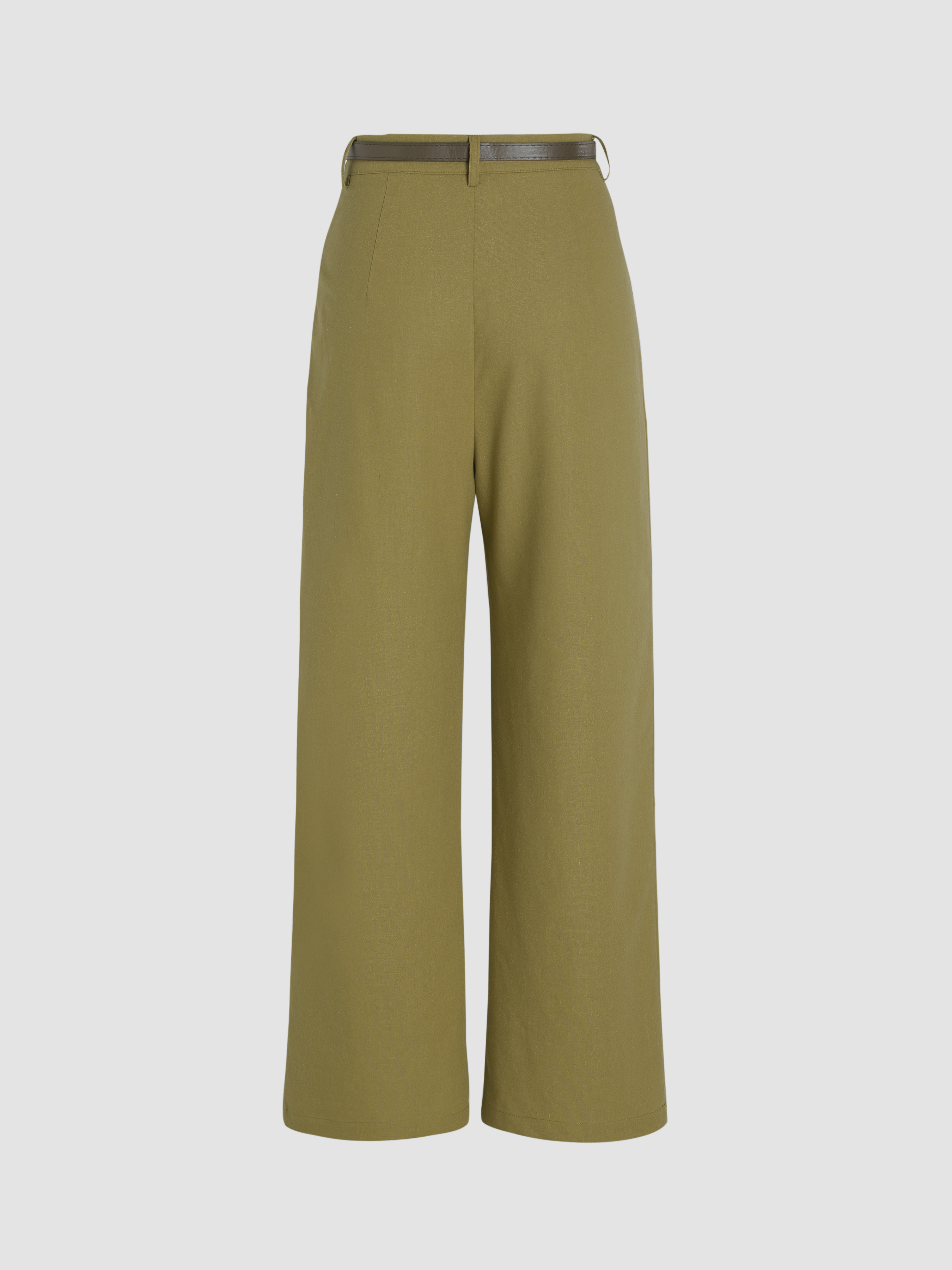 Solid Linen Blend Belted Wide Leg Pants