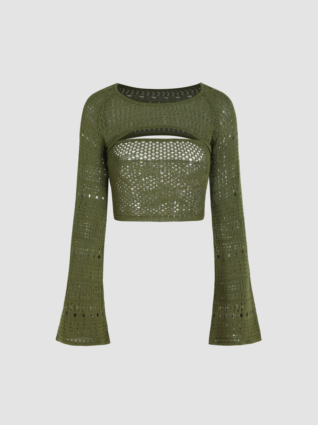 Hollow Out Knit Tube & Long Sleeve Top Set For Daily Casual