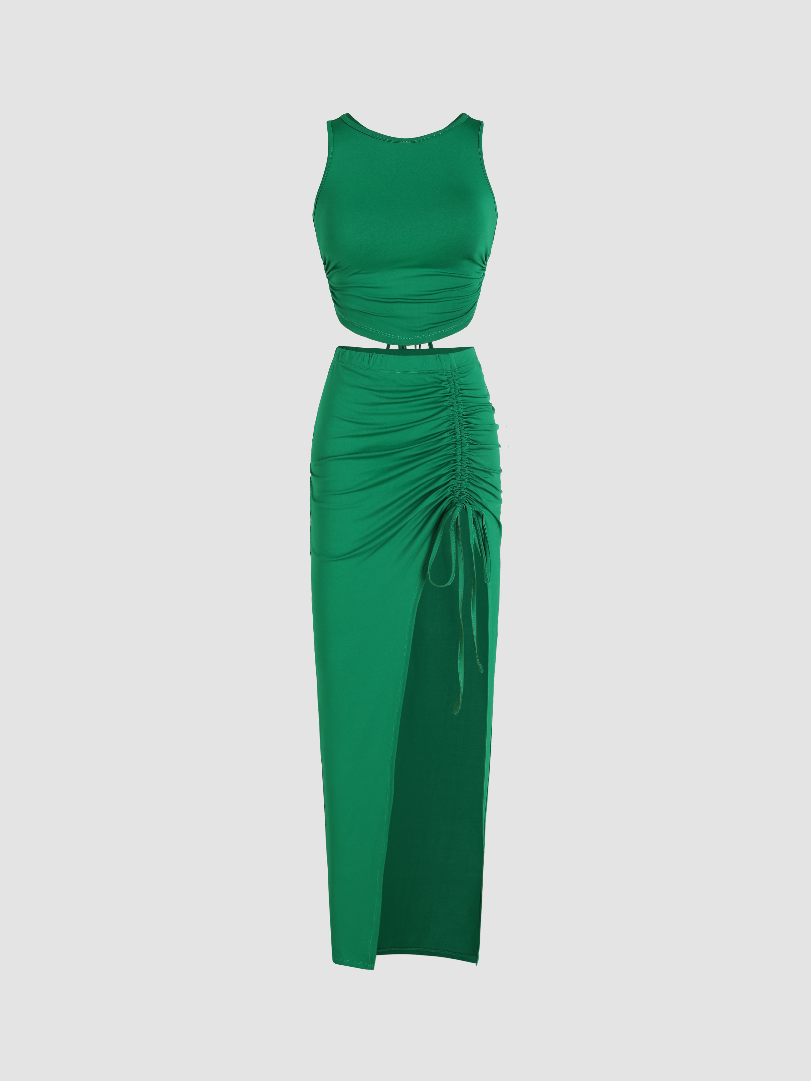 Rib Backless Sleeveless Tank Top & Ruched Split Knotted Maxi Skirt For ...