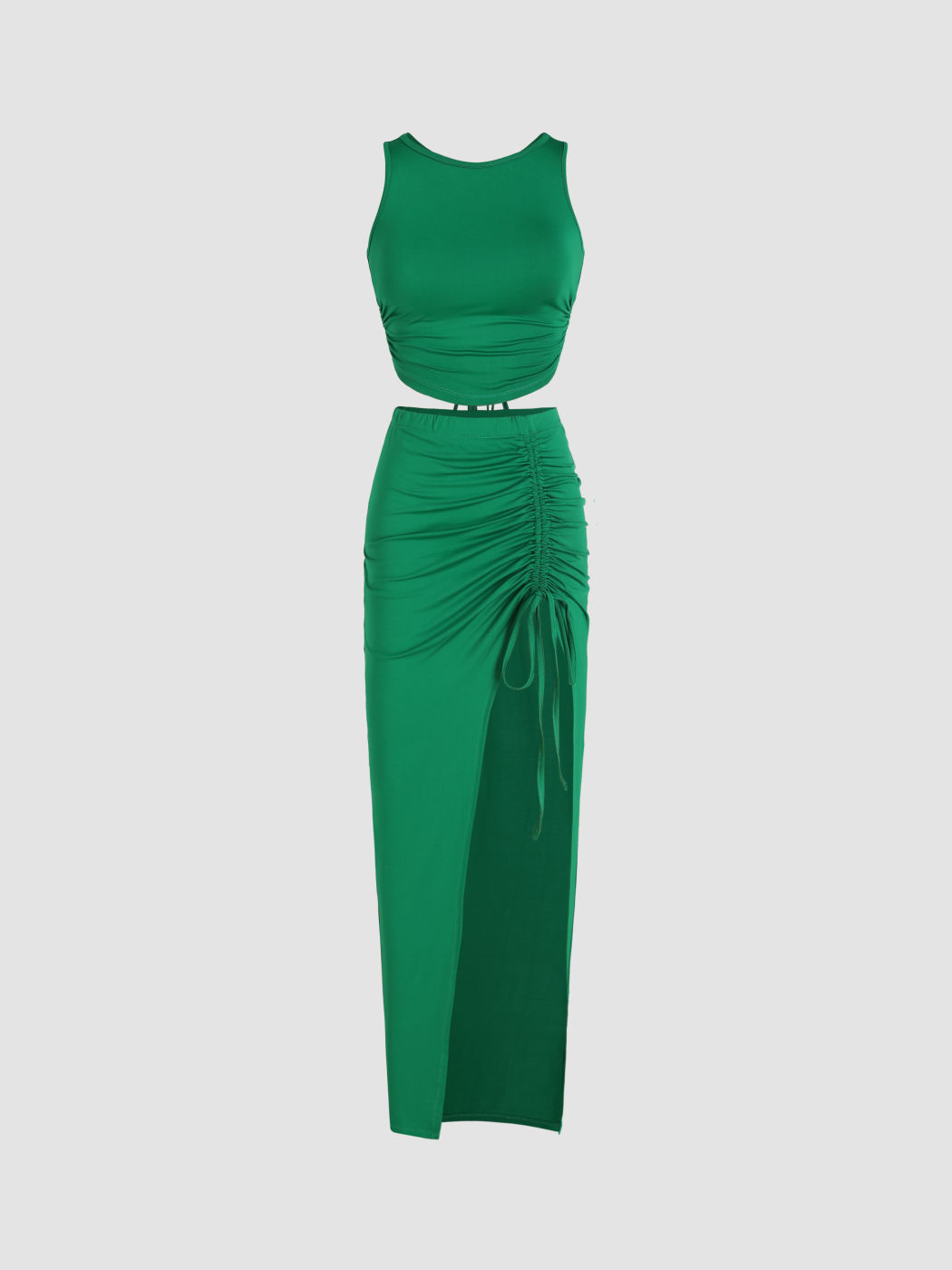 Backless Sleeveless Tank Top & Ruched Split Knotted Maxi Skirt