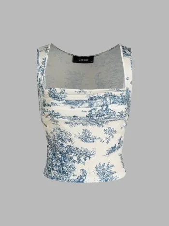Toile de Jouy Quadrat-Hals-Tank-Top