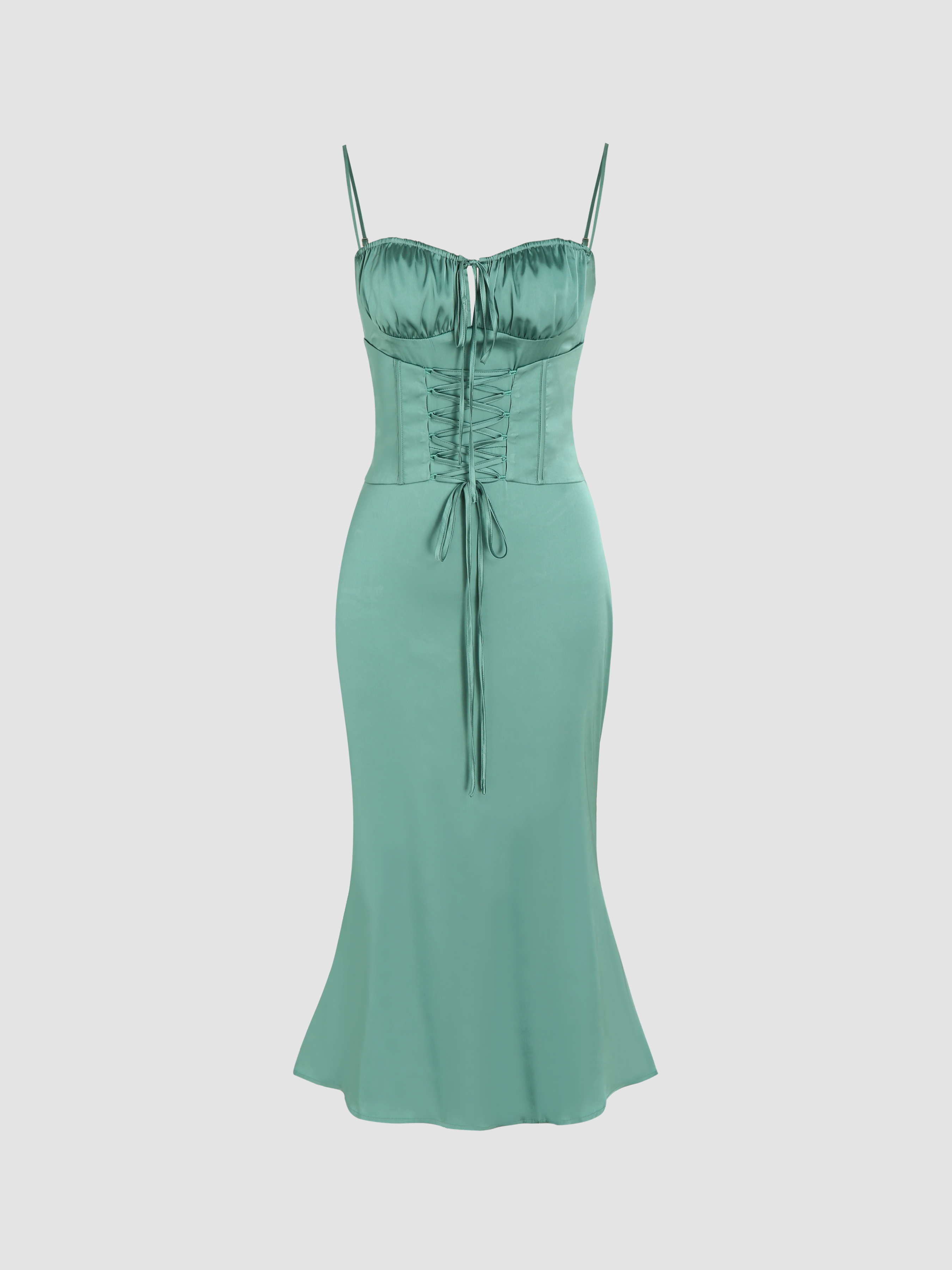 Wedding Guest Dress Mermaidcore Satin Satin Lace Up Ruched Mermaid Midi ...