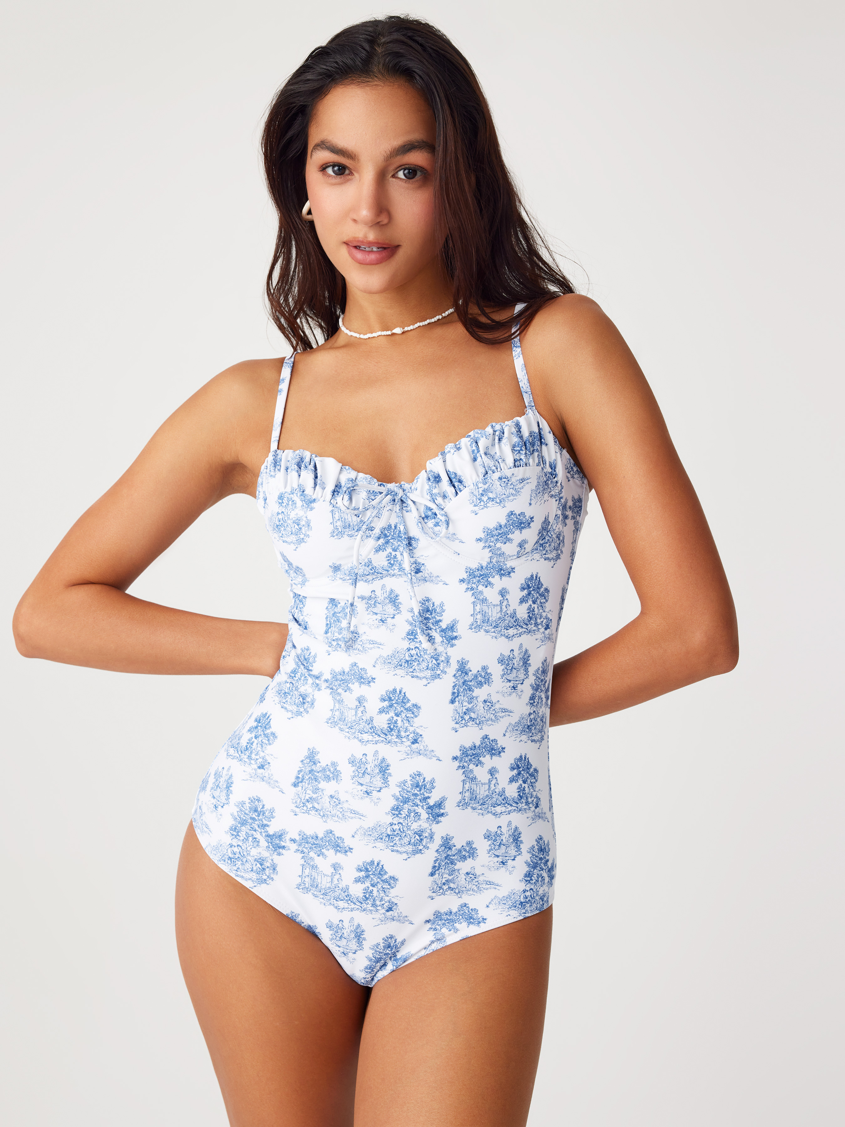 Riu toile de jouy swimwear ブルー Toile de Jouy One Piece Swimsuit For Swimming Pool Beach
