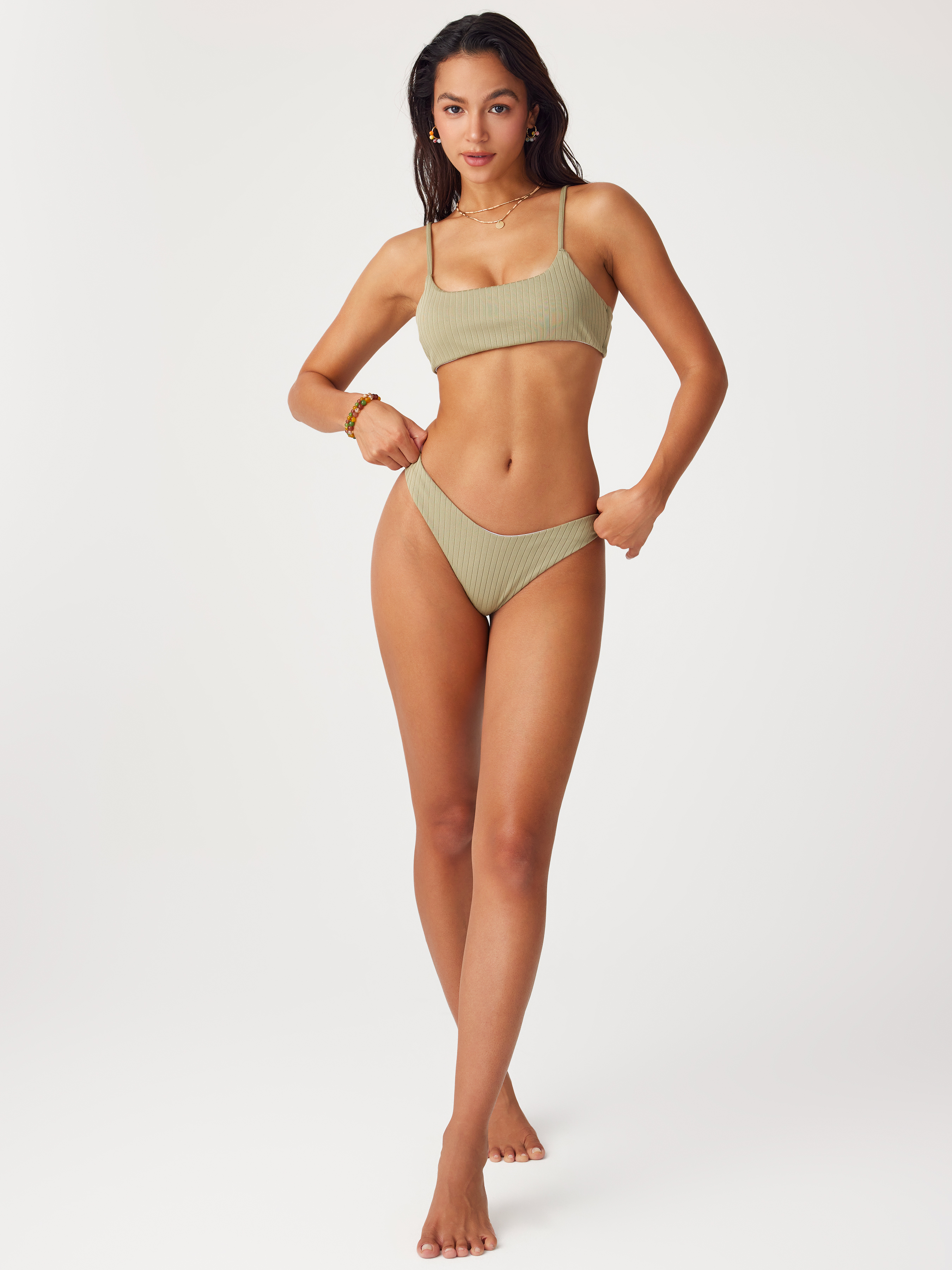 Lace Trim Texture Scoop Neckline Bikini Swimsuit - Cider