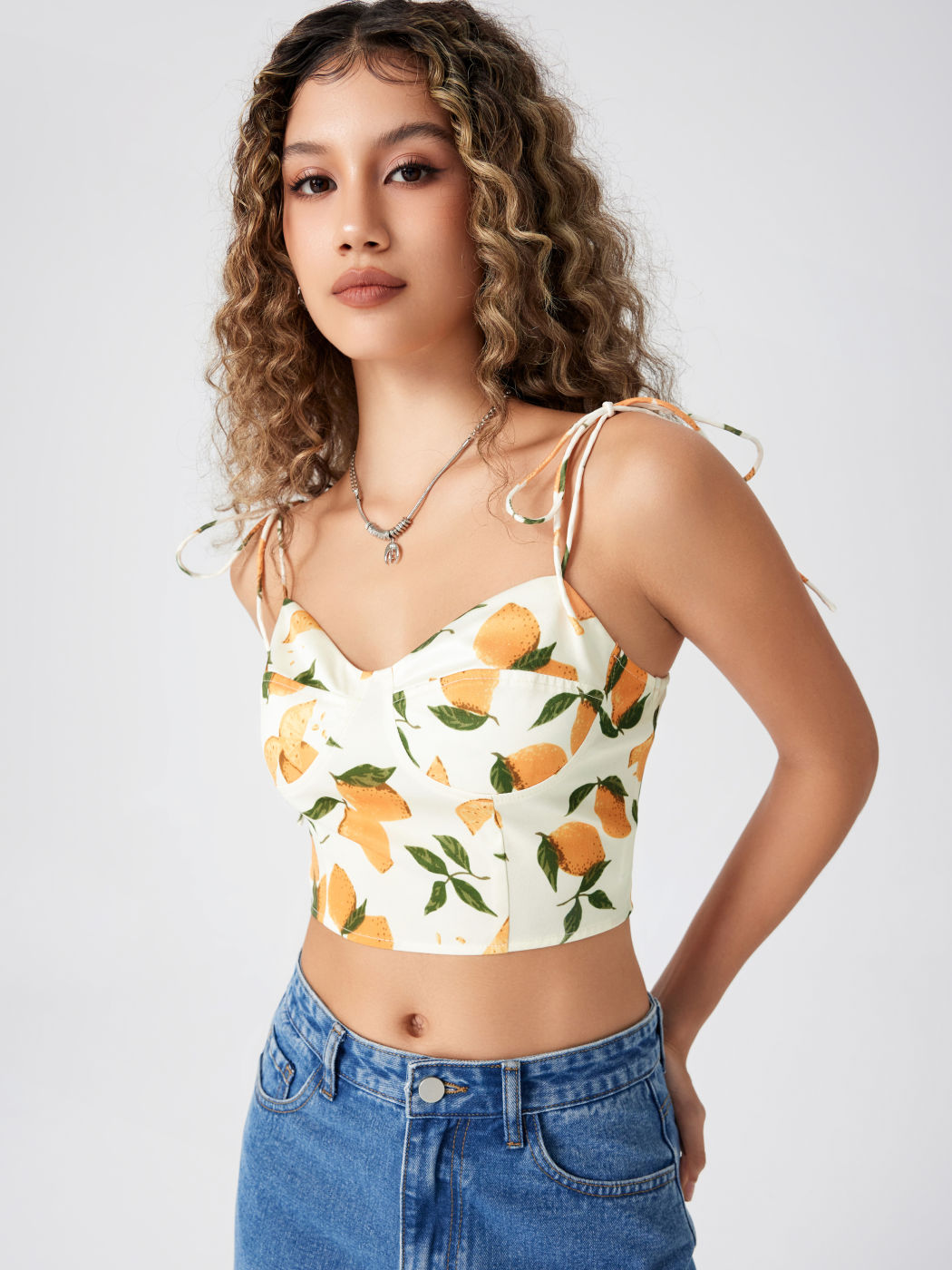  Orange Geknotetes V-Ausschnitt Crop Cami Oberteile