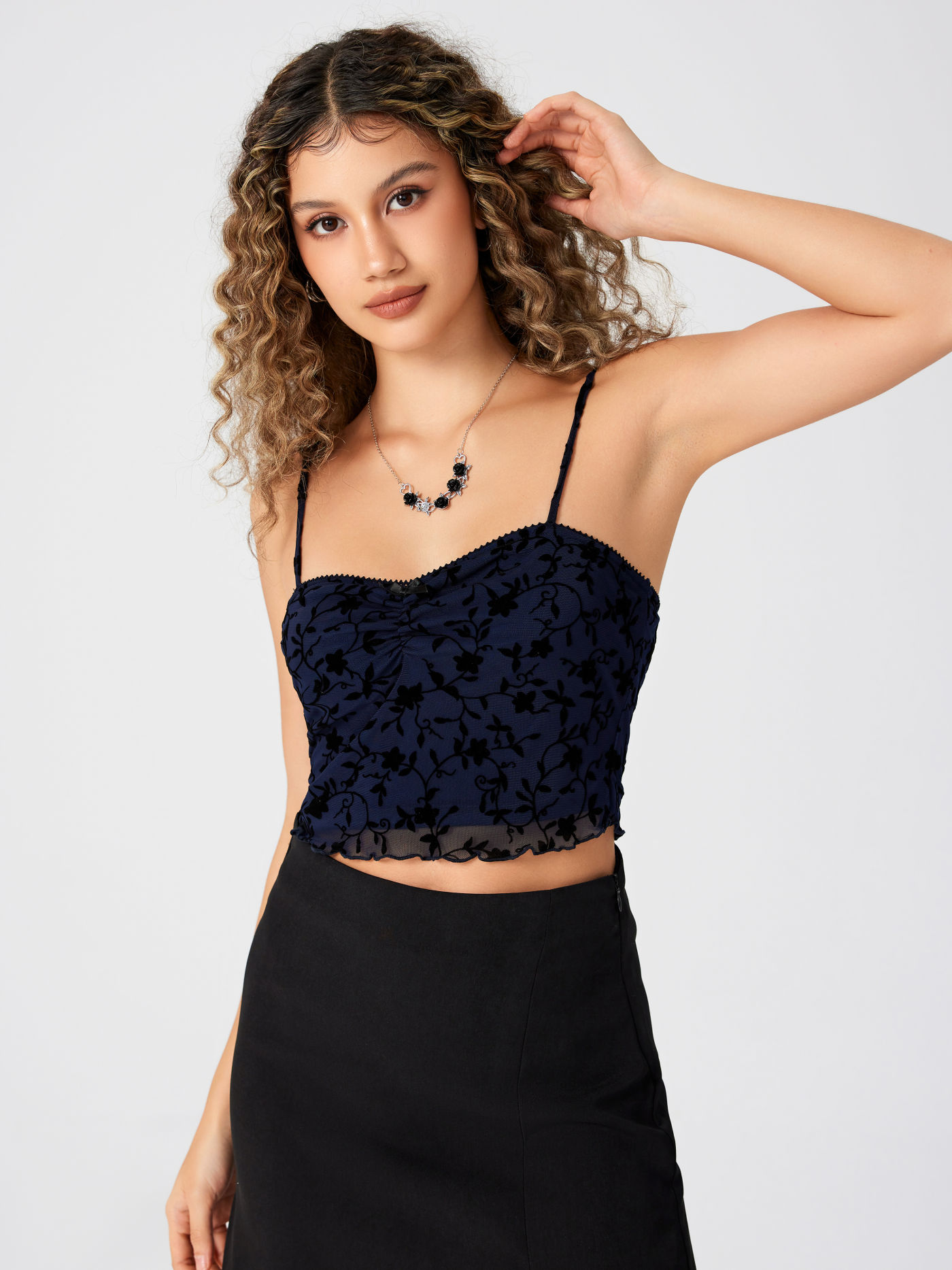Floral Ruched Mesh Crop Cami Top