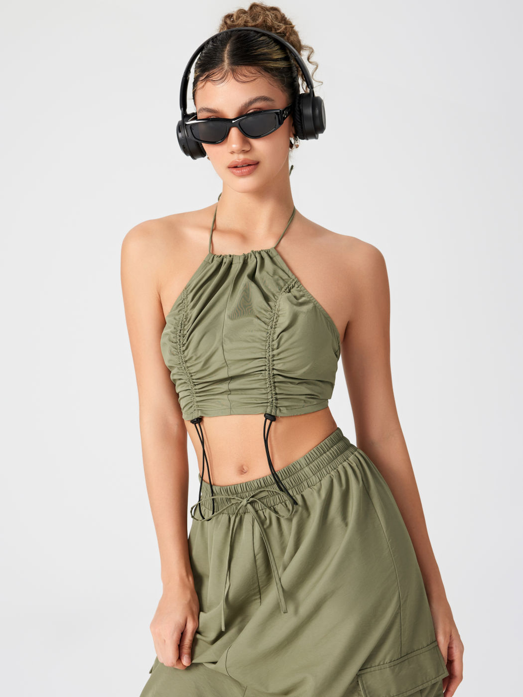  Kordelzug Zip Up Halter Crop Top