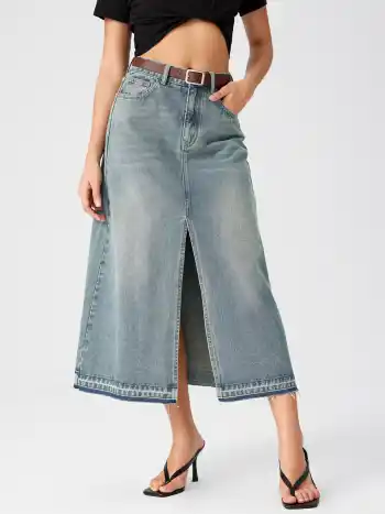 Split Denim Maxi Skirt With Belt