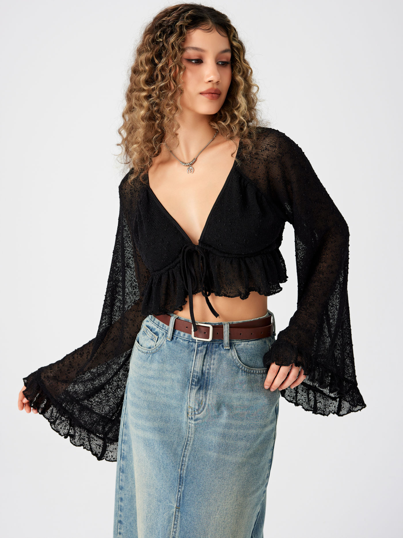 Ruffle Hem V-neck Knotted Long Sleeve Blouse