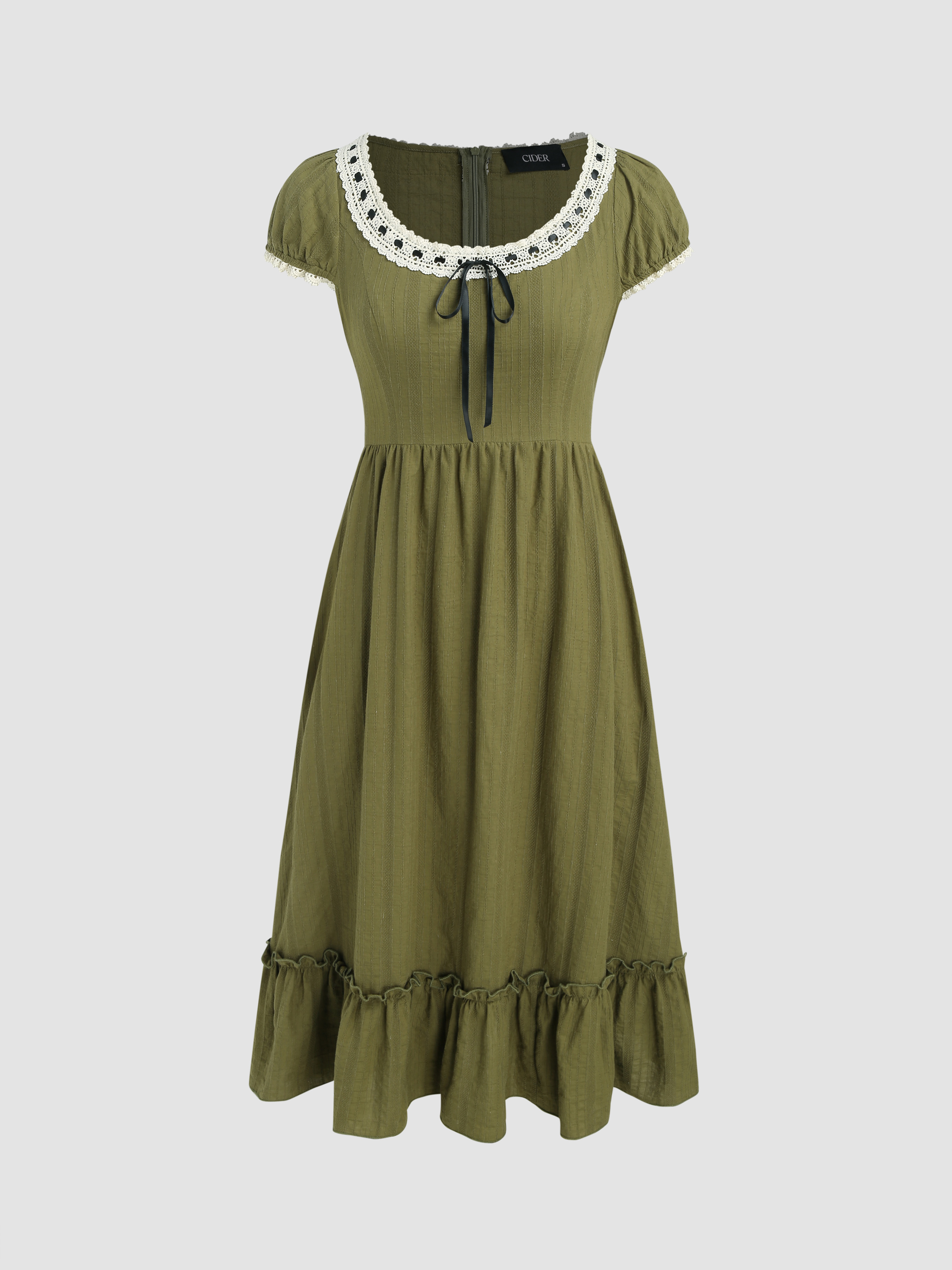 Jacquard Lace Trim Knotted Ruffle Midi Dress - Cider