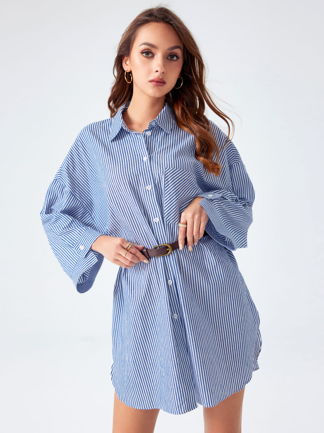 Striped Collar Pocket Oversized Shirt Dress