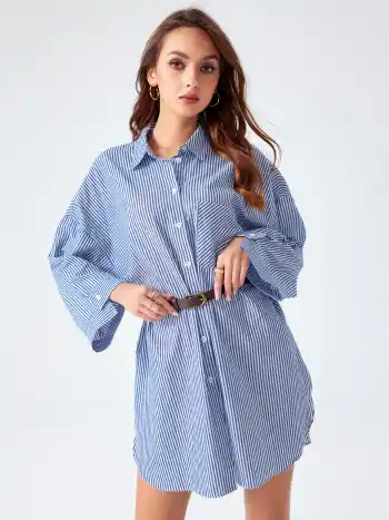 Striped Collar Pocket Oversized Shirt Dress