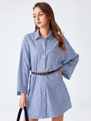 Striped Collar Pocket Oversized Shirt Dress
