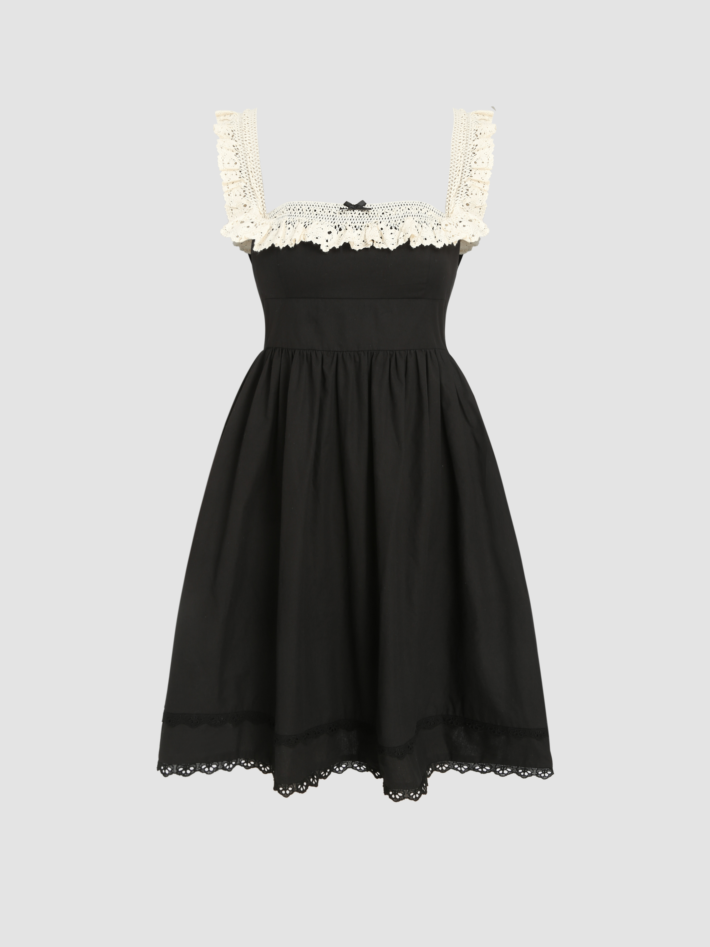 Lace hem square neck contrast long sleeve pleated mini dress