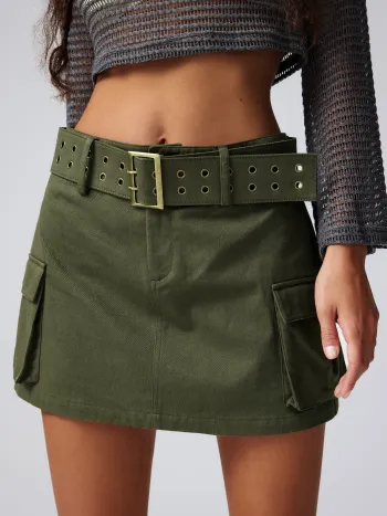 Denim Mid Waist Belted Pocket Mini Rock