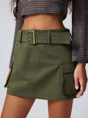 Denim Mid Waist Belted Pocket Mini Rock