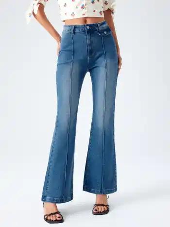 Stretch Denim Washed High Waist Flared Jeans