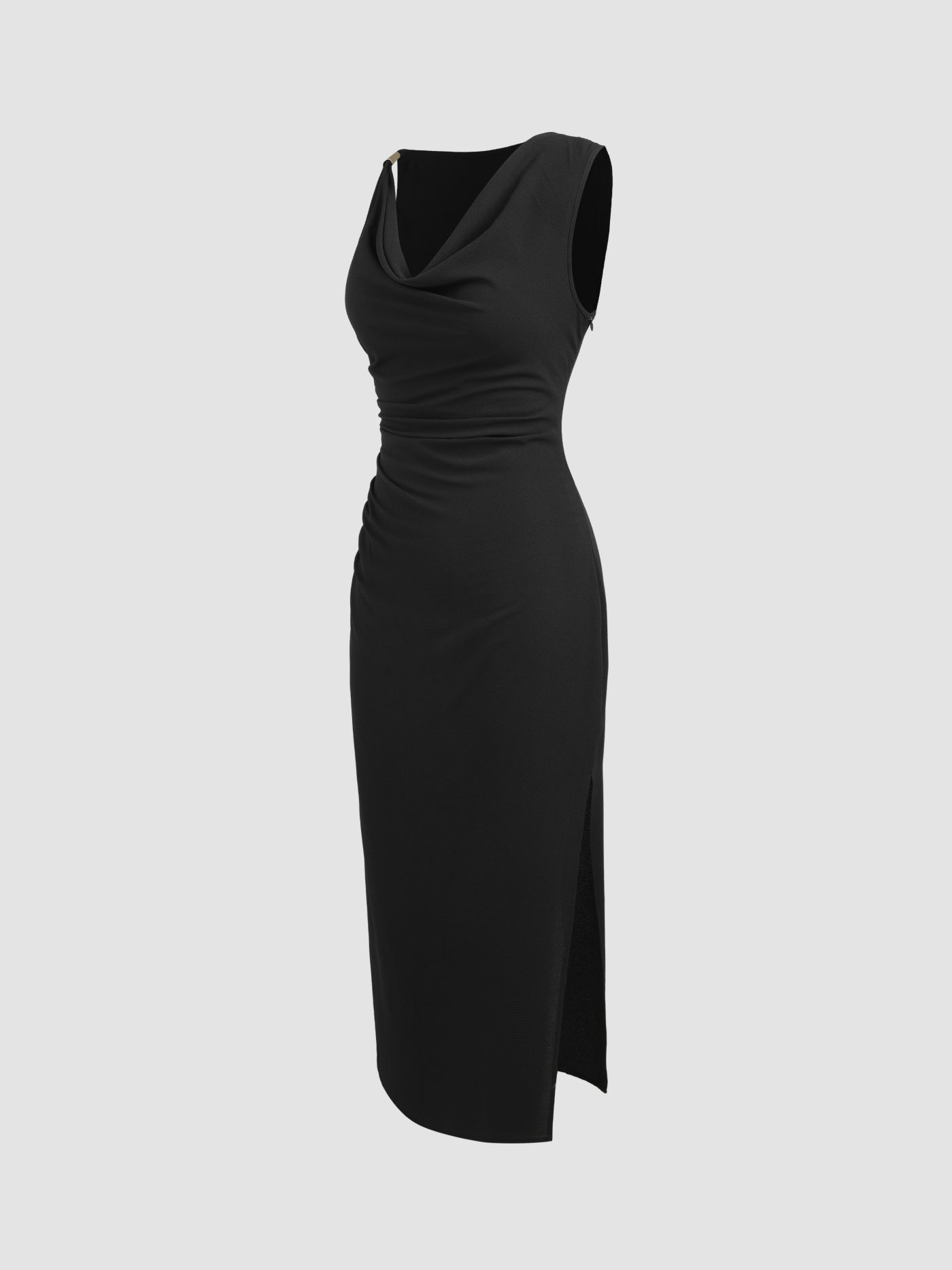 Robe longue drapée à col bénitier et fente froncée