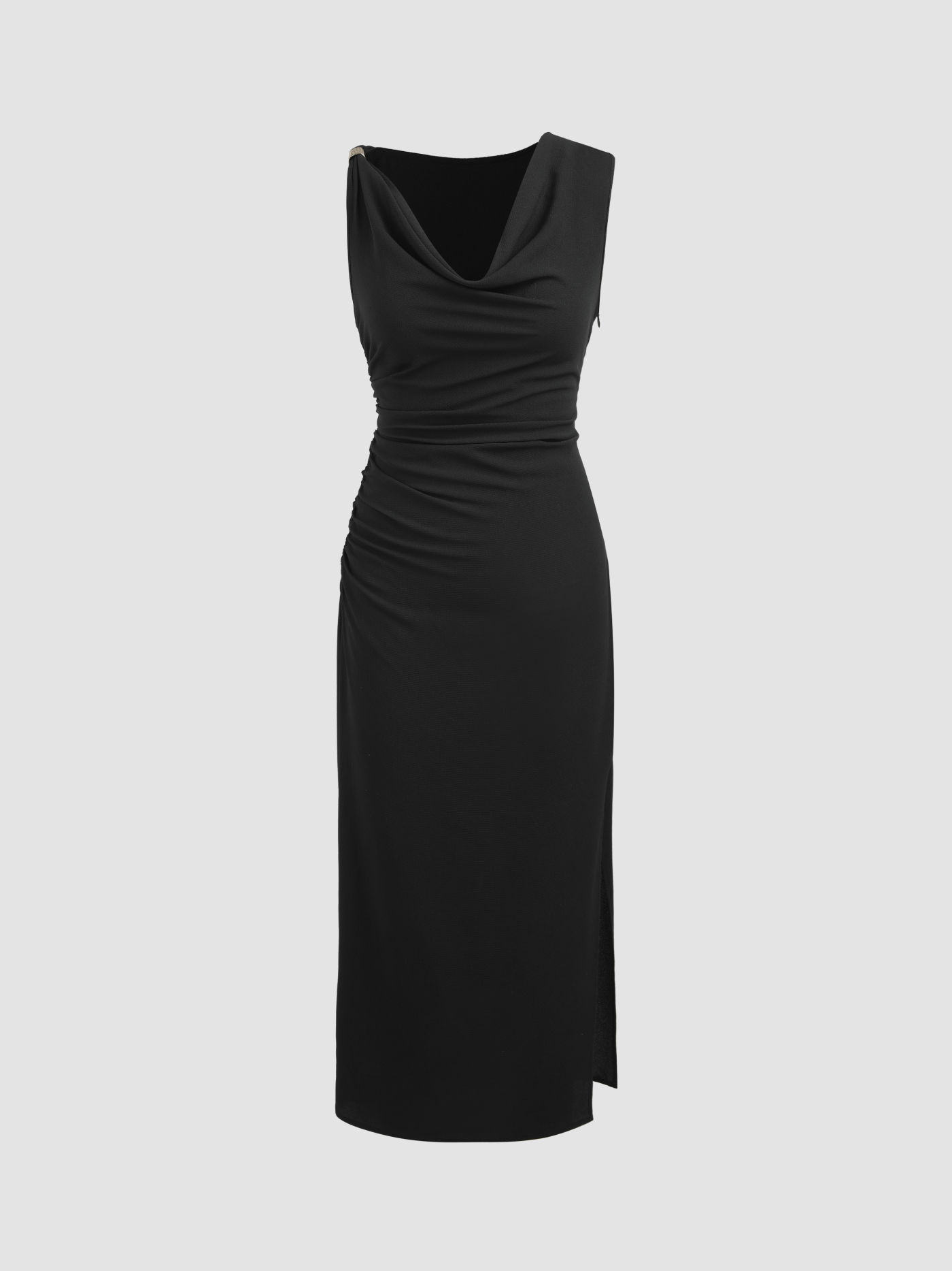 Robe longue drapée à col bénitier et fente froncée