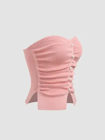 Top corto in maglia arricciata con spacco di perle finte