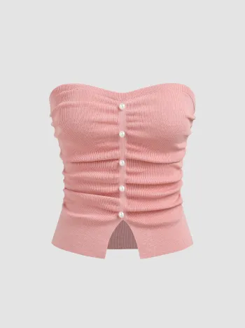 Faux-Perlen-Split-Rouché-Strick-Crop-Top