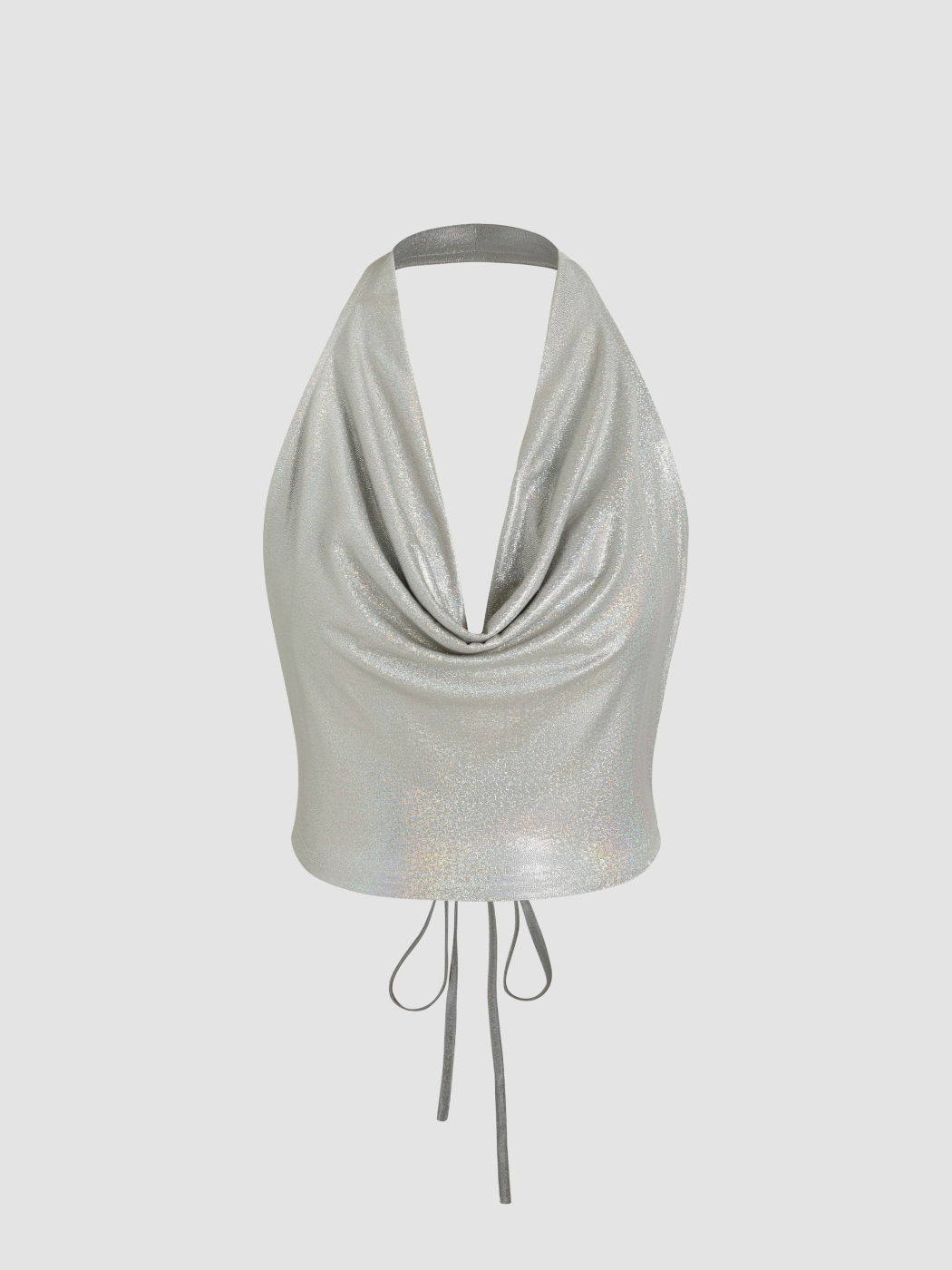 Sequin Cowl Neck Halter Knotted Crop Top For Date Party/Clubbing