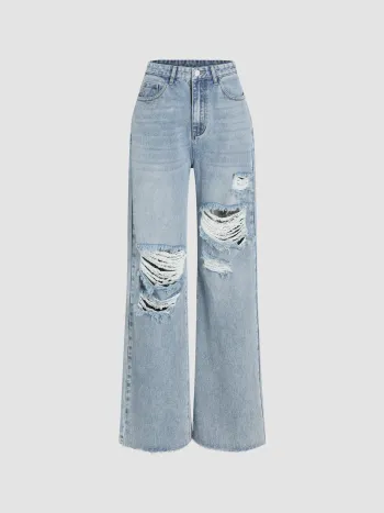 Mid Rise Ripped Straight Leg Jeans