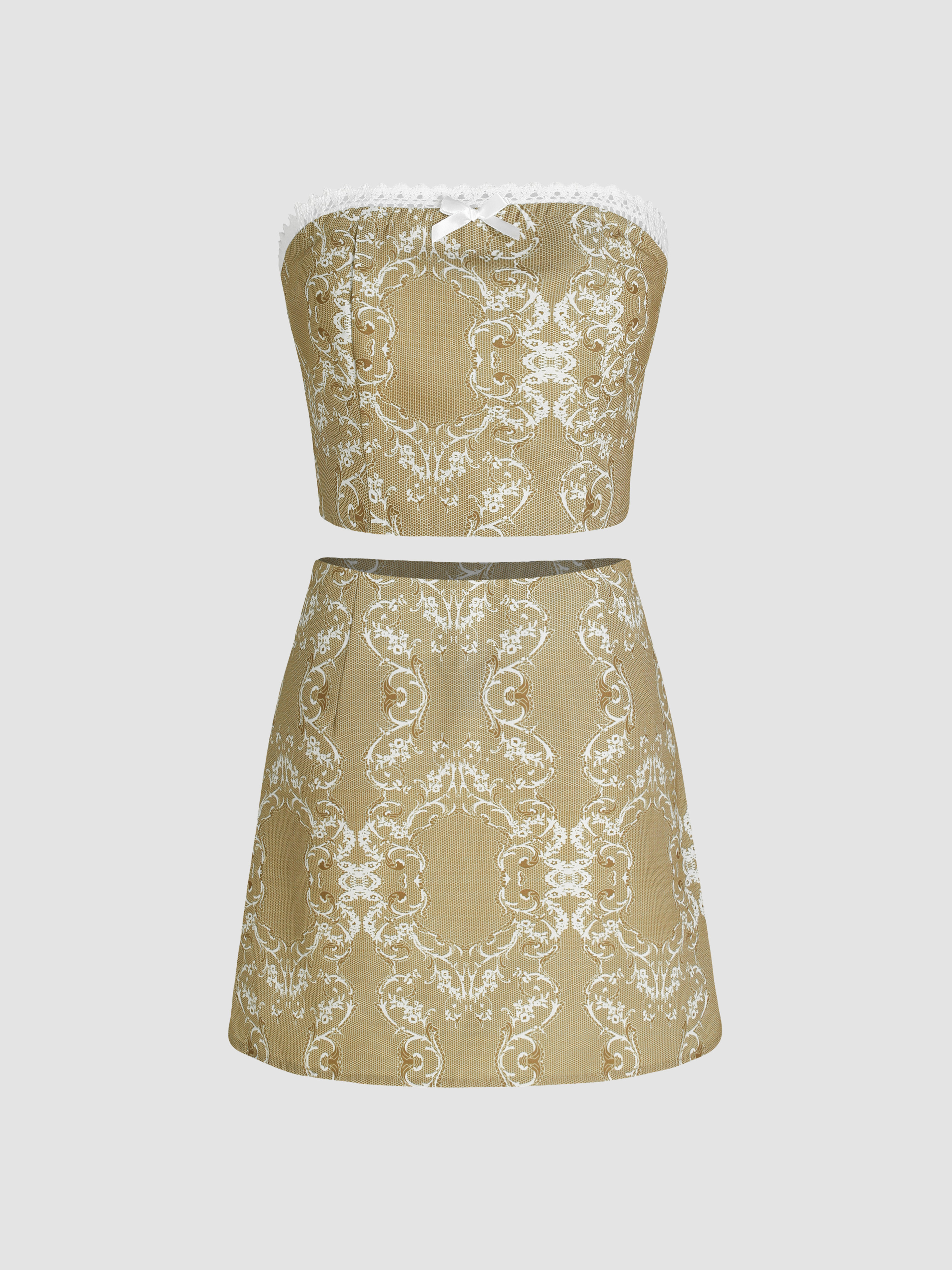 Floral Lace Trim Bow Tube Top & High Waist Skirt - Cider