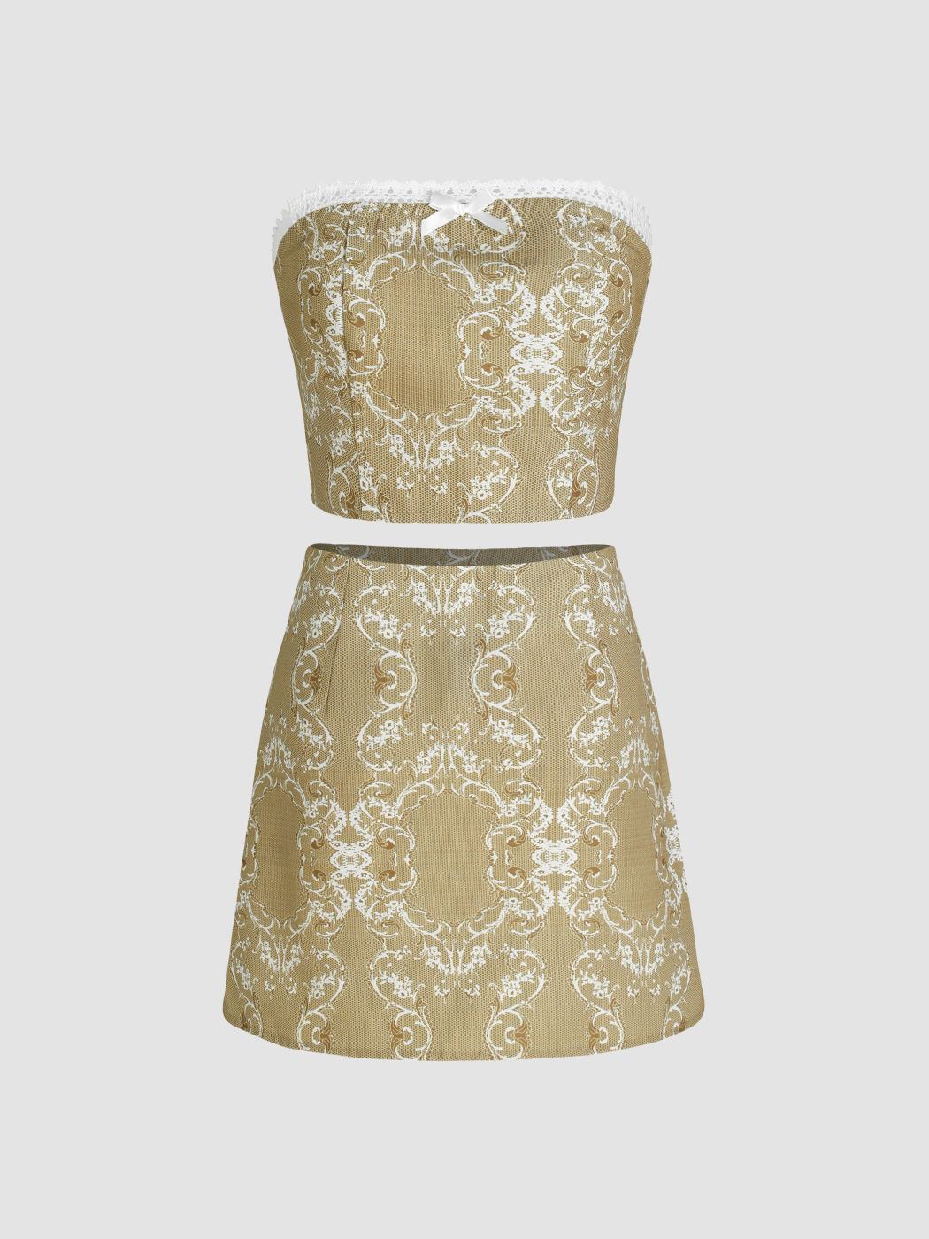  Florales Spitzenbesatz Schleifen Tube Top & High Waist Rock