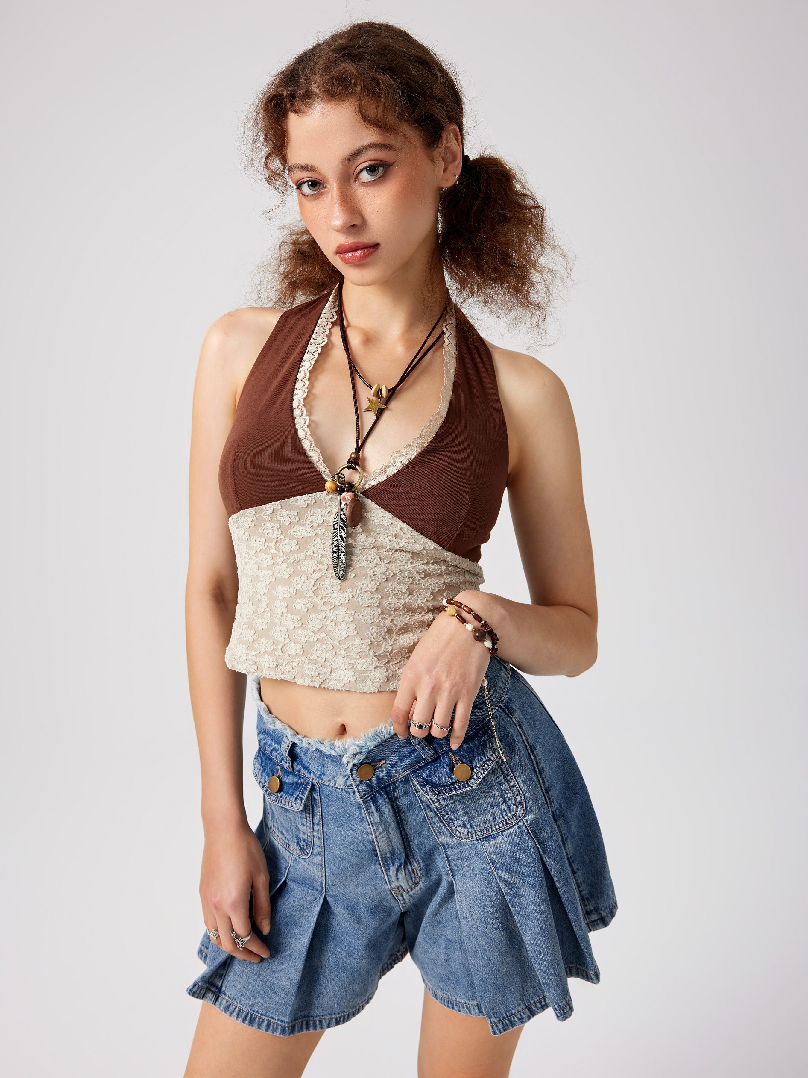 Rosette Lace V-neck Knotted Tank Top