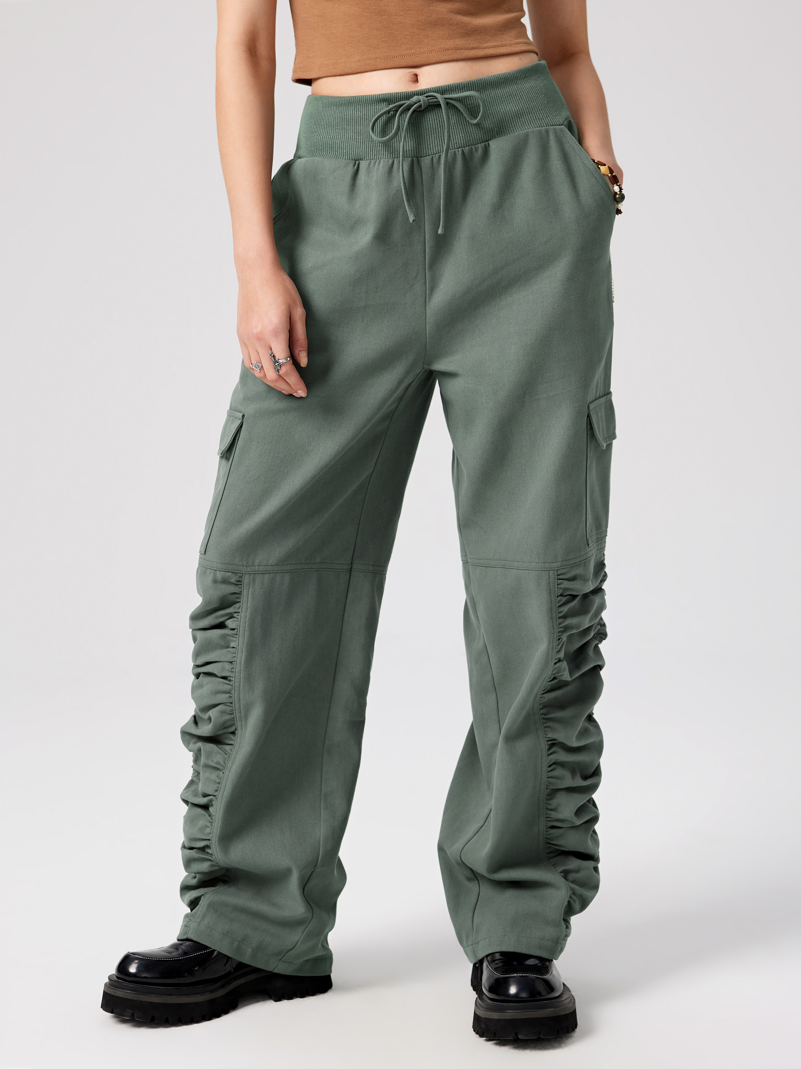 Cargo Knotted Ruched Straight Leg Pants - Cider