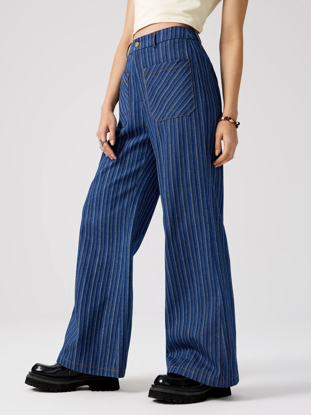 Denim Striped Pocket Flared Pants