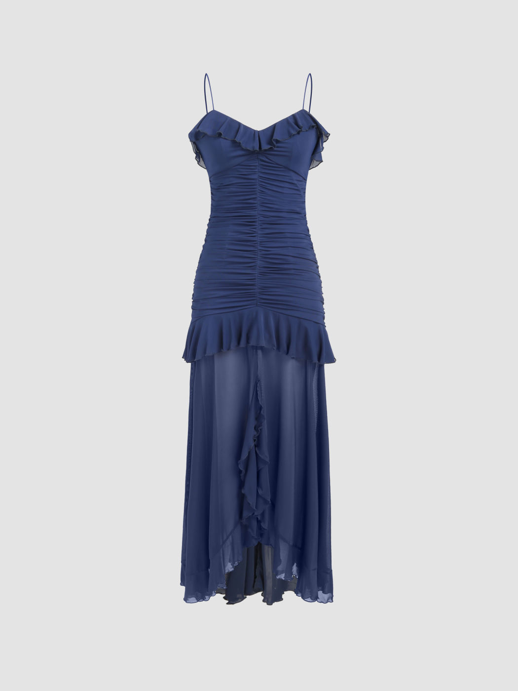 Mesh Ruched Ruffle Hem Maxi Dress