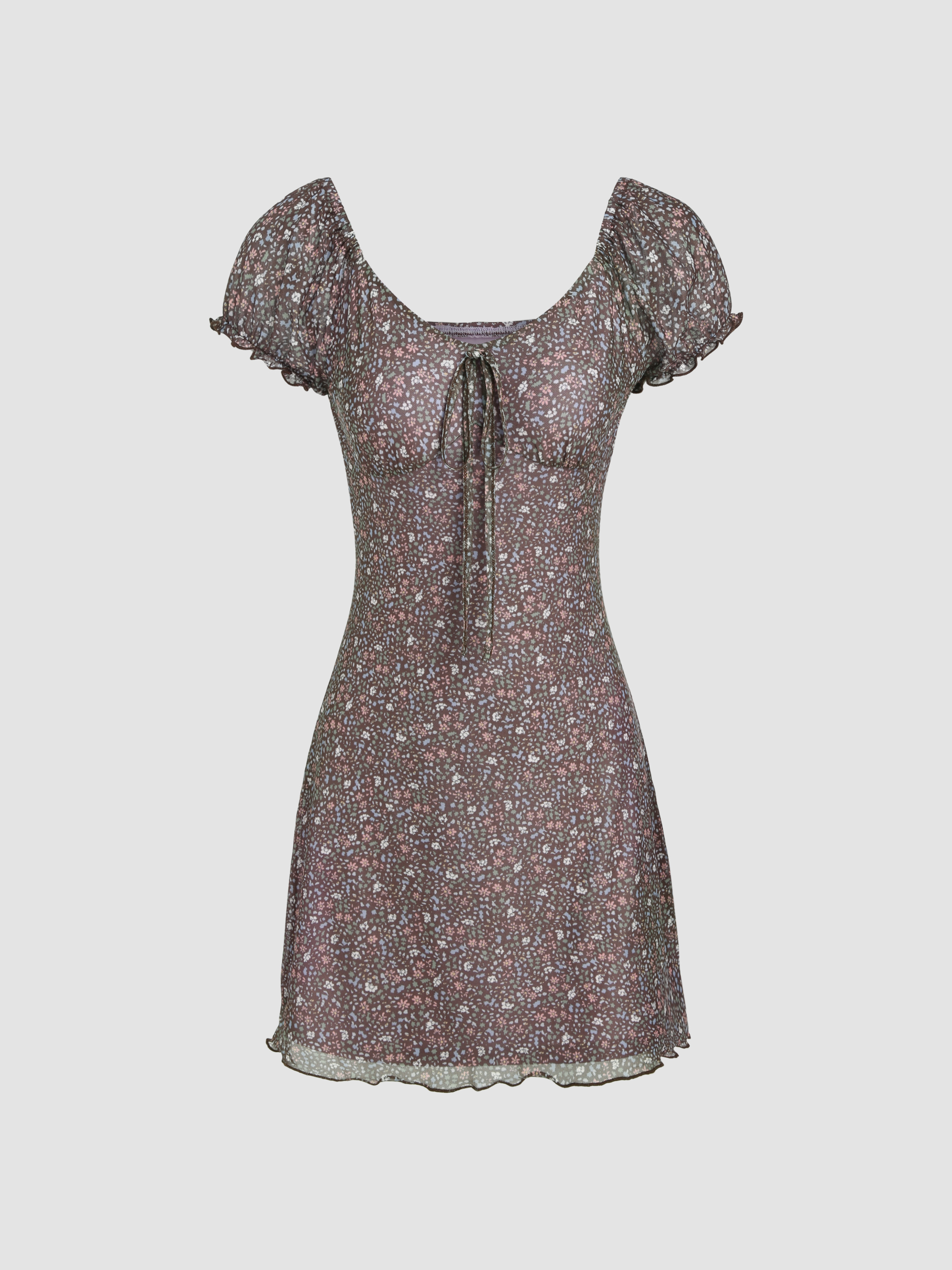 Floral Knotted Lettuce Trim Midi Dress For Daily Casual