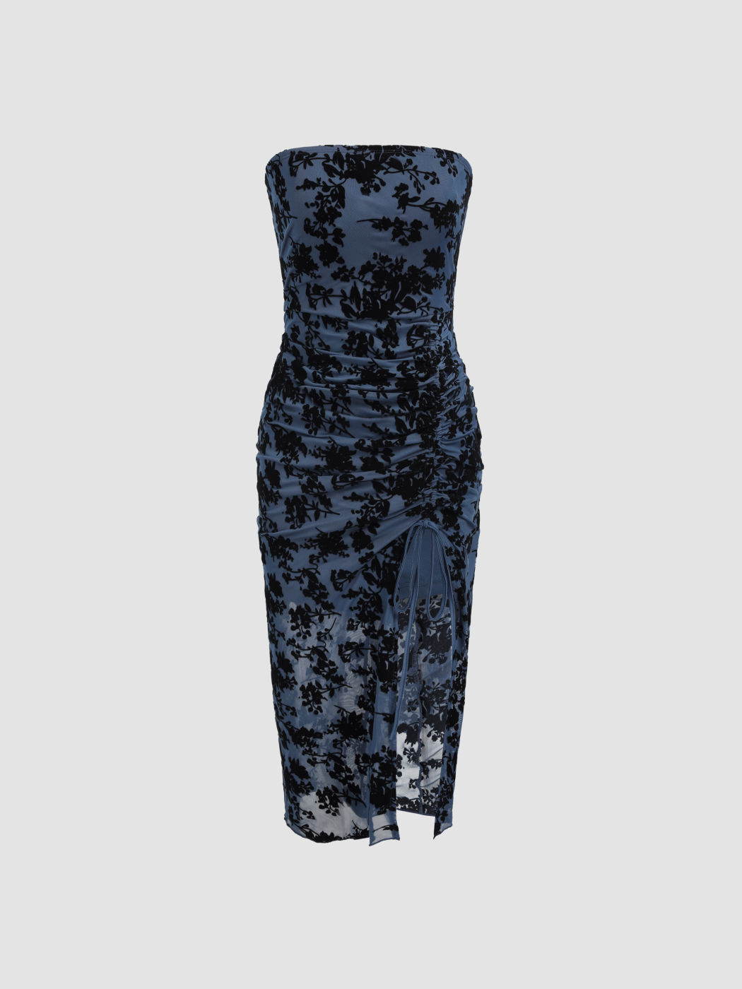 Mesh Floral Drawstring Mesh Midi Dress For Date