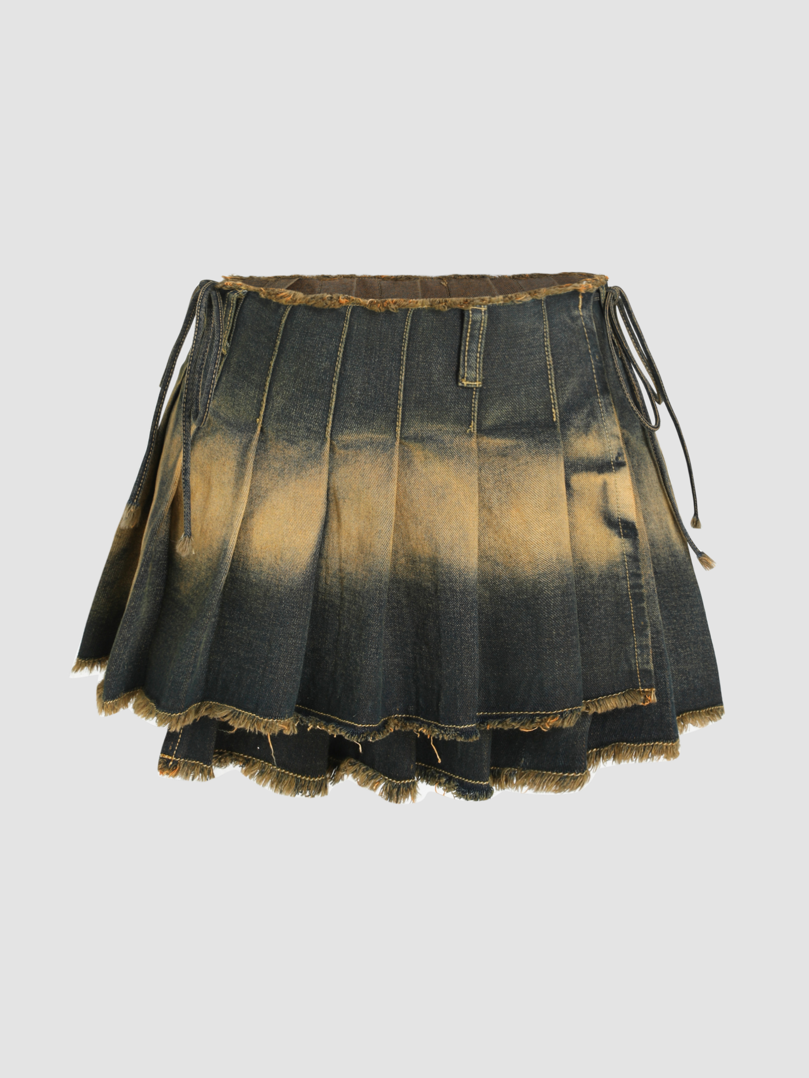 Denim Washed Raw Hem Pleated Knotted Mini Skirt - Cider