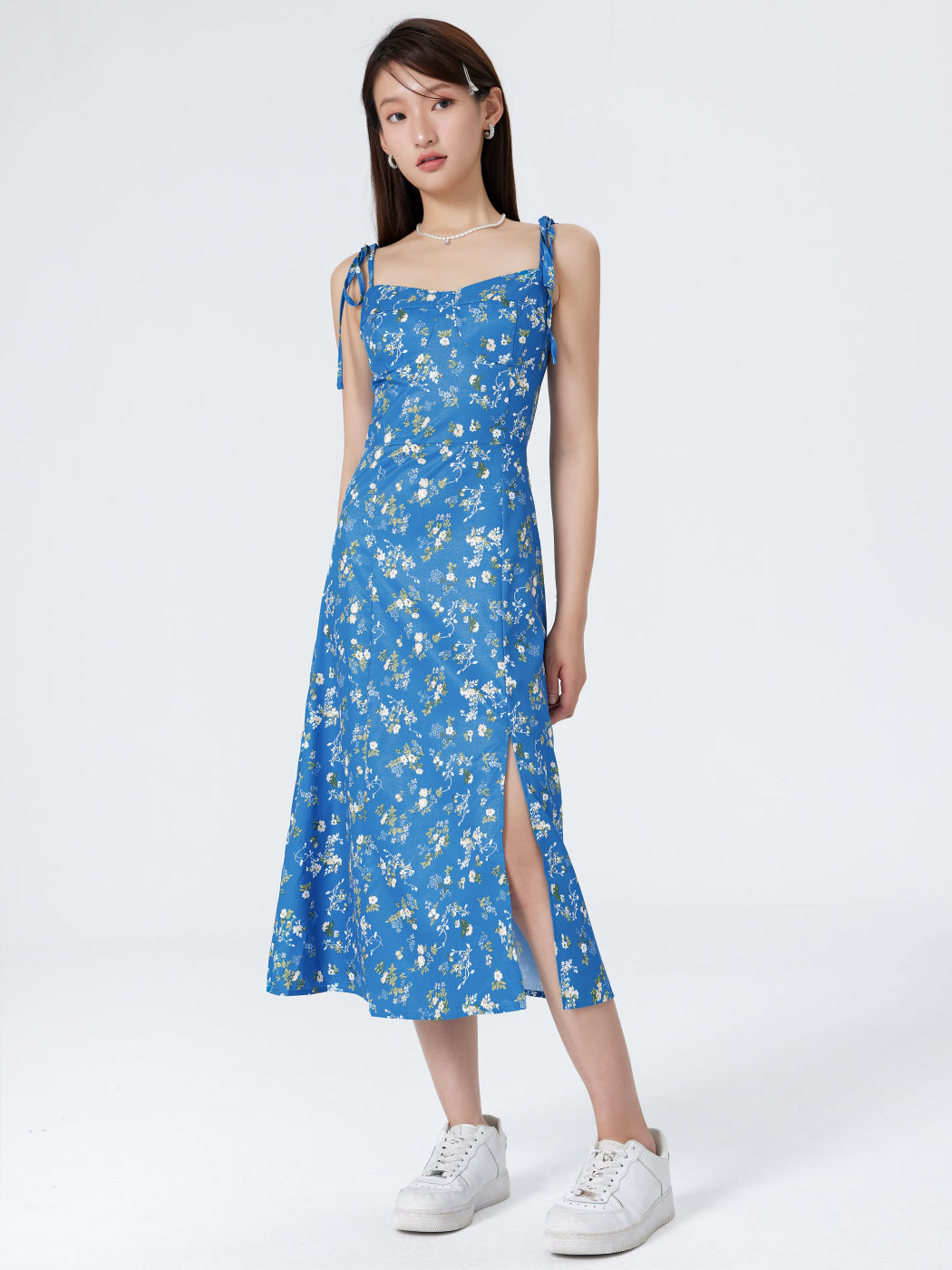 Ditsy Floral Tie Shoulder Slit Midi Dress