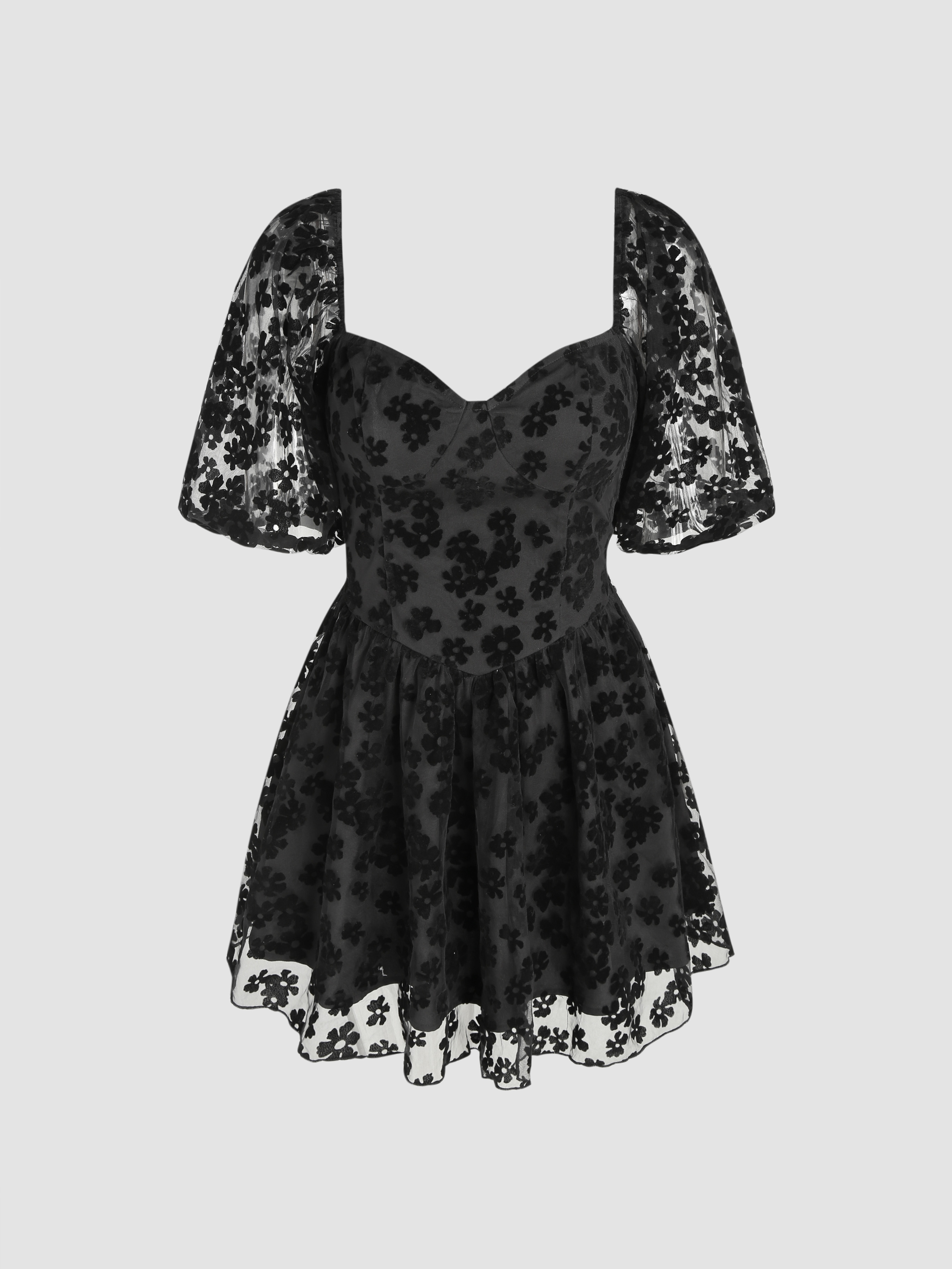 Woven Floral Sheer Mid Sleeve Sweetheart Mini Dress For Daily Casual