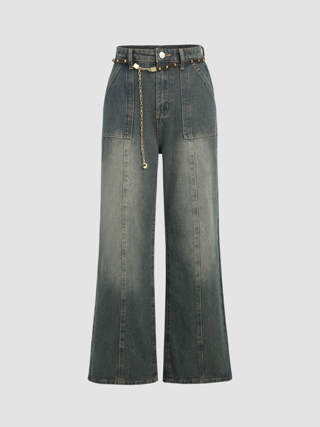 Mid Rise Washed Belted Wide Leg Jeans