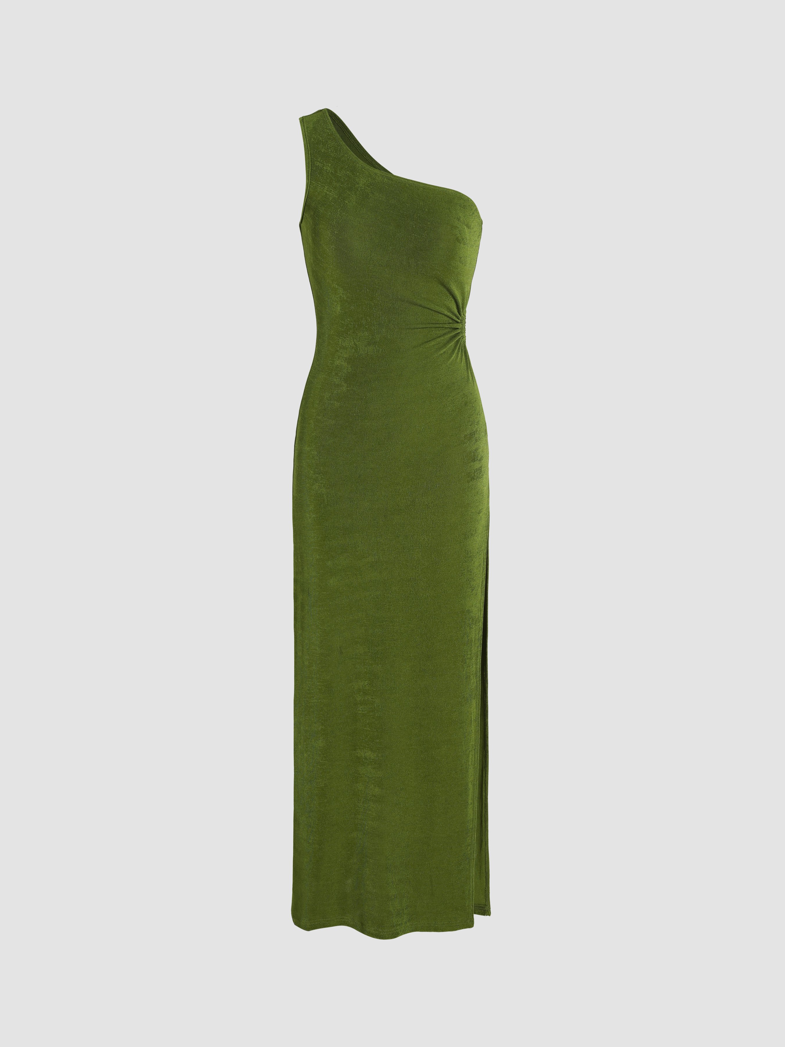 cider ruched dress Gliget Ruffle Trim A Line Maxi Dress CIDER Asymmetrical Neck Solid Ruched Maxi Dress