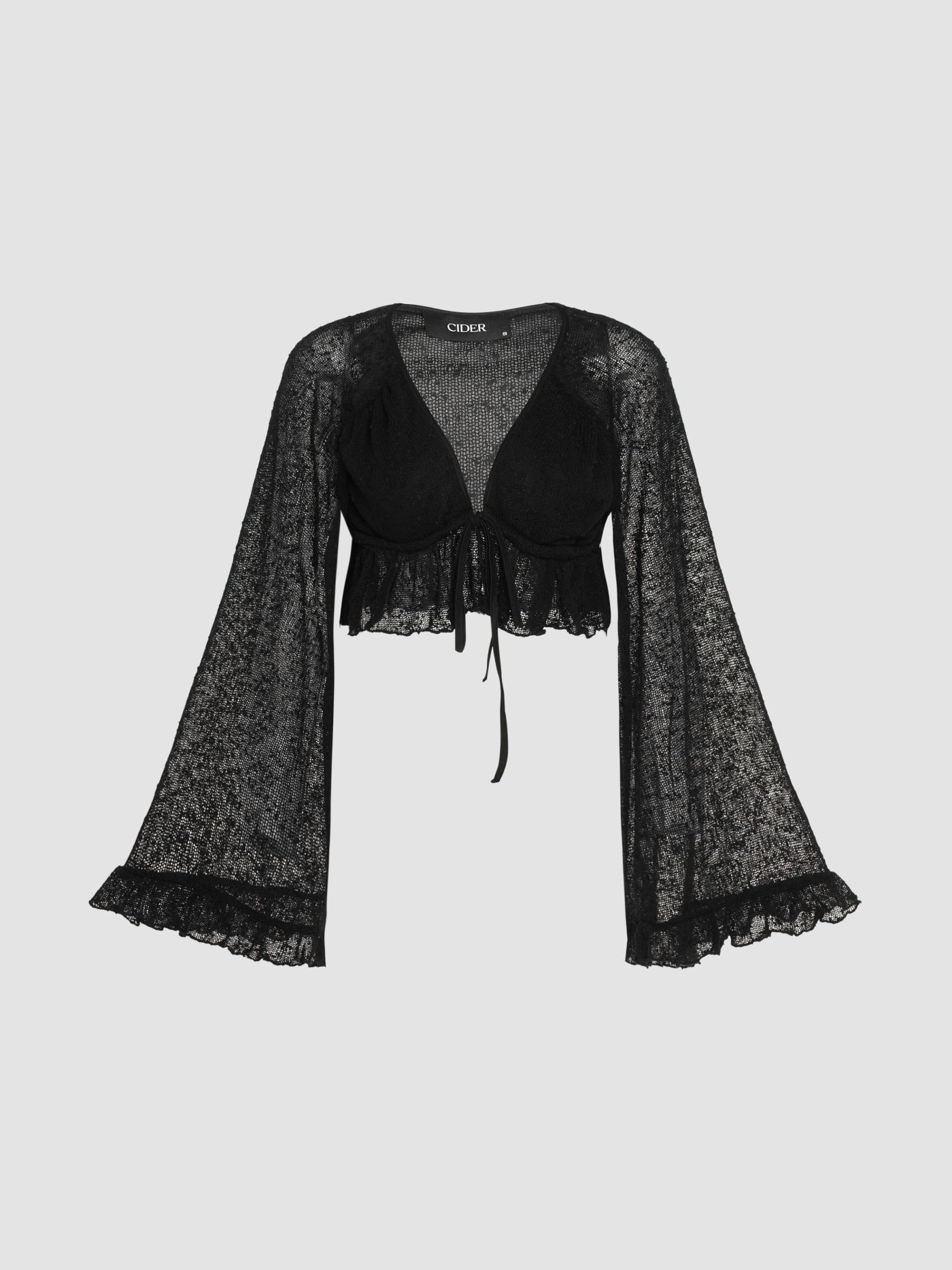 Ruffle Hem V-neck Knotted Long Sleeve Blouse