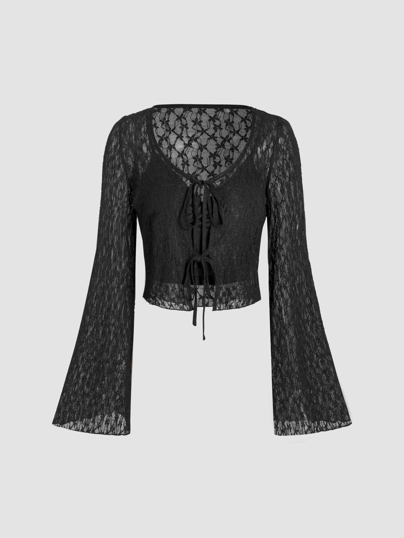Solid Cami Crop Top & Bell Sleeve Lace Up Blouse