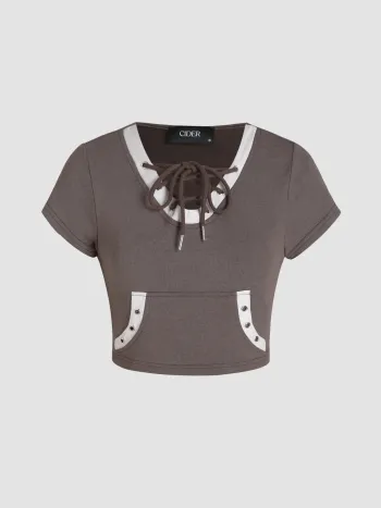  Terry Kontrastierende Zierleiste Geknotetes Crop Top