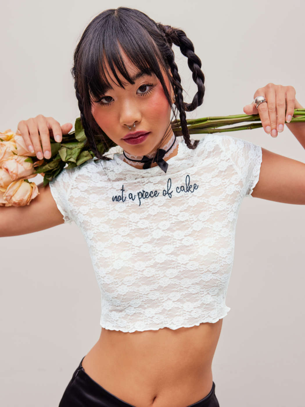 Floral Lace Lettuce Trim Crop Top - Cider
