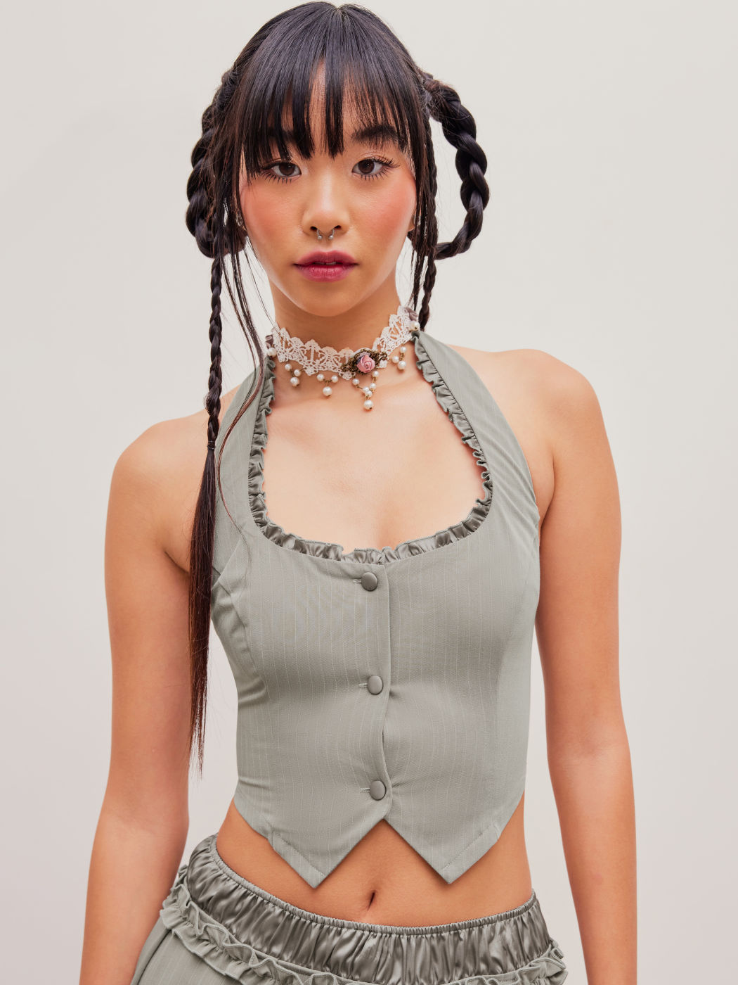Woven Striped Ruffle Hem Halter Crop Top For Daily Casual Vacation