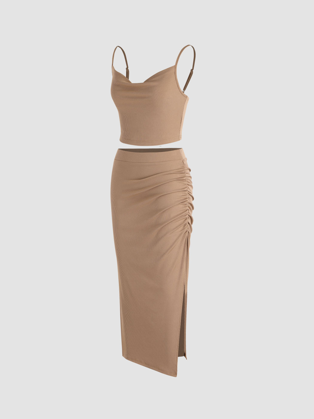 Cowl Neck Crop Top & Split Ruched Maxi Skirt Set